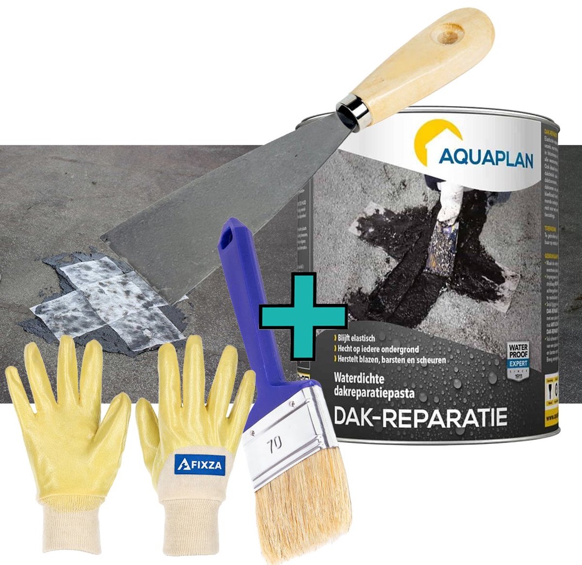 Aquaplan Dak-Reparatie – set – Waterdichte Reparatiepasta voor Dakleer, Bitumen & Goten – Elastisch & Vezelversterkt – 1 kg