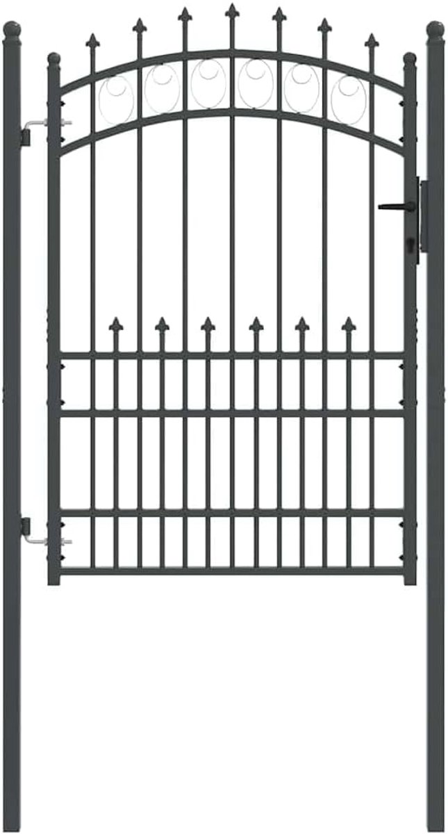 hekpoort met punten, gepoedercoat staal, 170 x 100 cm, in grijs voor tuin en terras. Inclusief twee palen, scharnieren en drie sleutels voor eenvoudige