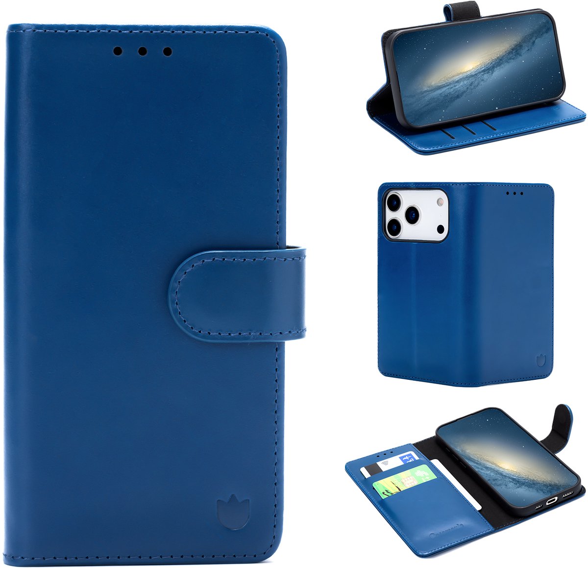 Casemania Echt Leren Hoesje Geschikt voor Apple iPhone 18 Pro - Navy Blue - Leer Book Cover - Portemonnee Telefoonhoesje met Pasjeshouder