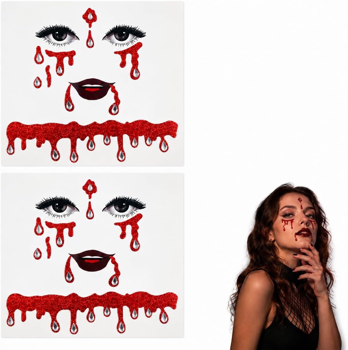 2 stuks halloween tatoeages, Bloed Glitter Stickers Halloween