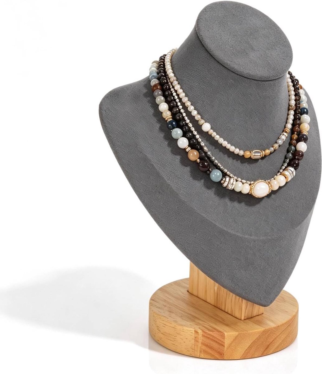 sieraden model organisator, 3D flanellen ketting display rek met houten basis hanger ketting sieraden model buste standaard voor boetieks tentoonstellingslay-out(grijs)