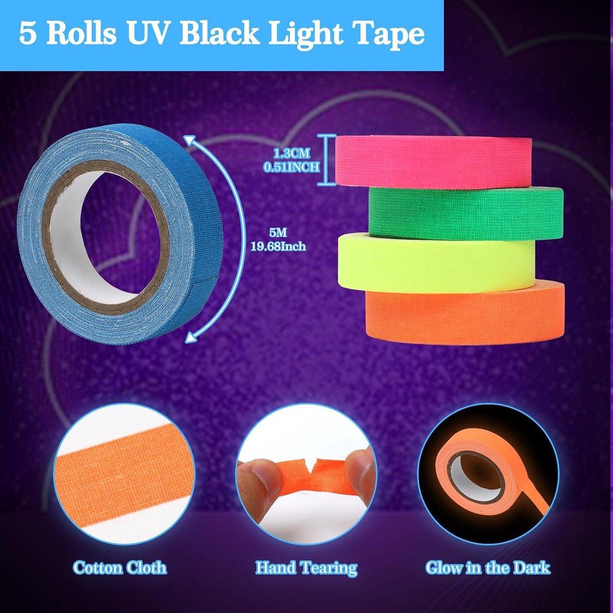 5 Stuks Neon Plakband voor Zwart Licht, UV Fluorescerende Tape, Luminous Gaffers Tape voor Feestdecoratie en Halloween Handicrafts - 13mmx5m