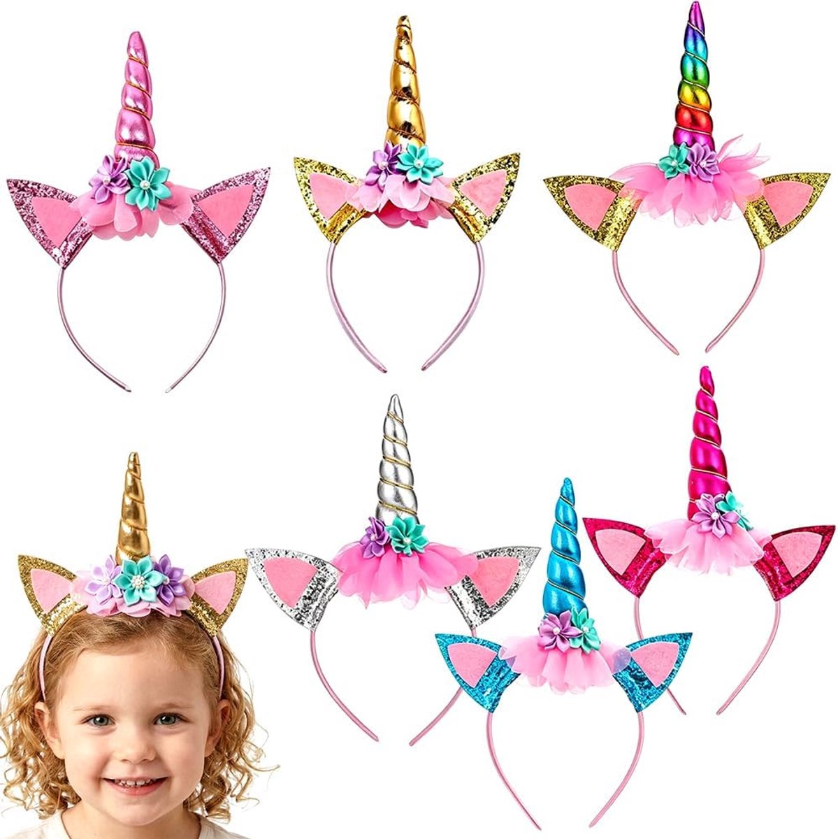 6 Stuks Dierenhoofdbanden, Rregenboog-Paardenhoofdbanden, Eenhoorn-Hoofdband met Hoorns, Oren en Bloemen, voor Pasen, Verjaardagen, Verjaardagsfeestjes en Carnaval