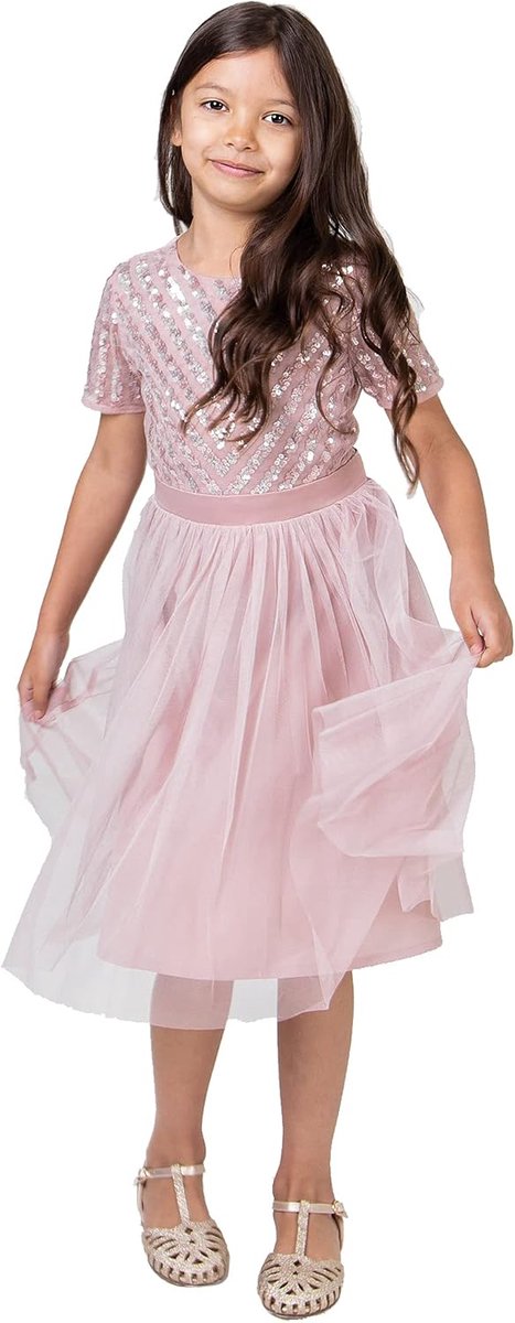 Deluxe Meisjesjurk voor bruiloft met pailletten verfraaiing korte mouw prom verjaardagsfeestje bruidsmeisje, mat roze, 3-4 jaar, Frosted Roze, 3-4 jaar