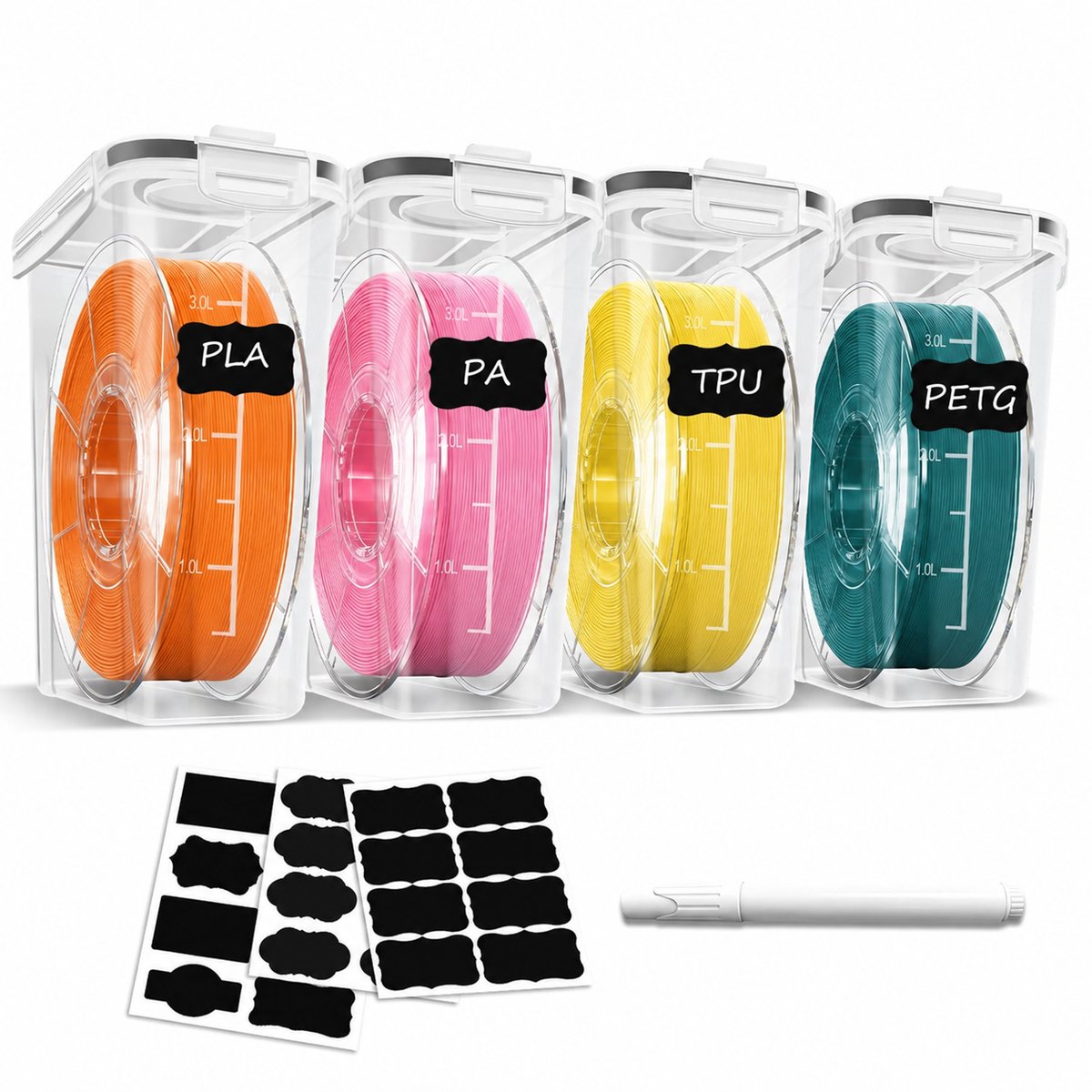 Filament Opbergdoos - 4-delige Filamentcontainer voor 3D-printen - voor Filamentverzegeling en Bescherming - Draagbare Opslag, Water- en Stofdicht - Stapelbaar, 4,0 L - 3D-printeraccessoires