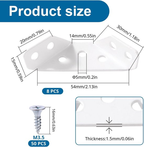 8 Stuks Hoekbeugels van RVS 1.5mm Dikte, Trapeziumvormige Hoeksteunen met 50 Schroeven voor Houten Meubels, Planken en Tafels, Klein Wit — afbeelding 5