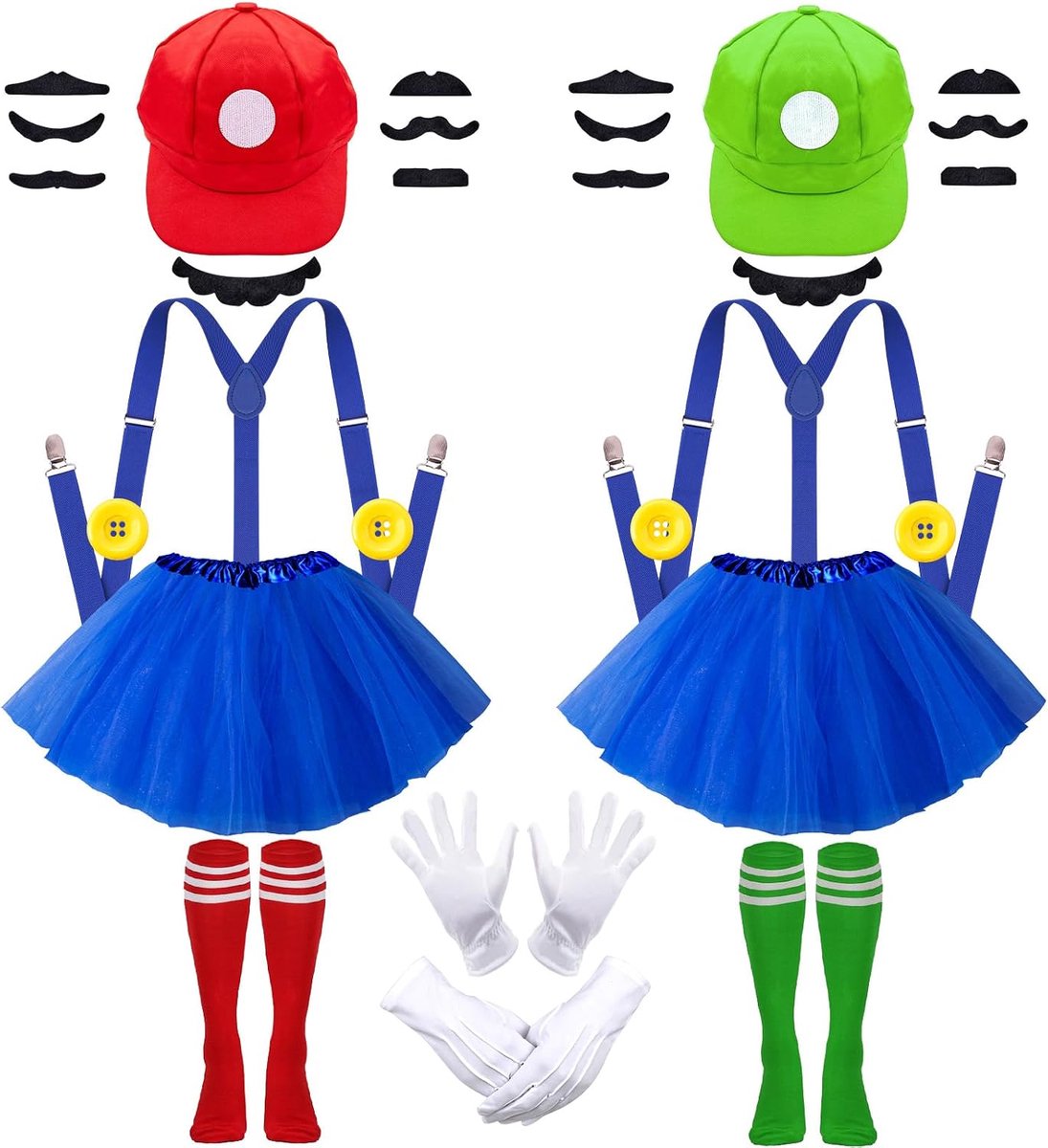 Carnavalskostuum voor volwassenen en dames, Bro carnavalskostuums voor dames, groepskostuum, cosplay-accessoireset met tule rok, muts, bretels, baard, knopen, handschoenen en sokken voor