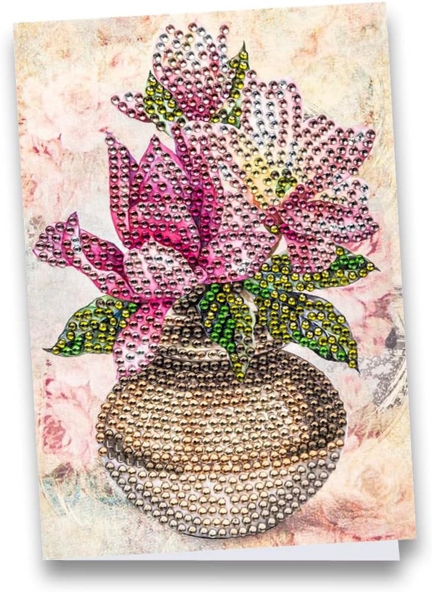 Ideeën met een Hart, Diamond Painting-wenskaart, strass-editie, DIN B6, 370 g/m², incl. steentjes, envelop en gereedschap (magnolia in vaas 01)