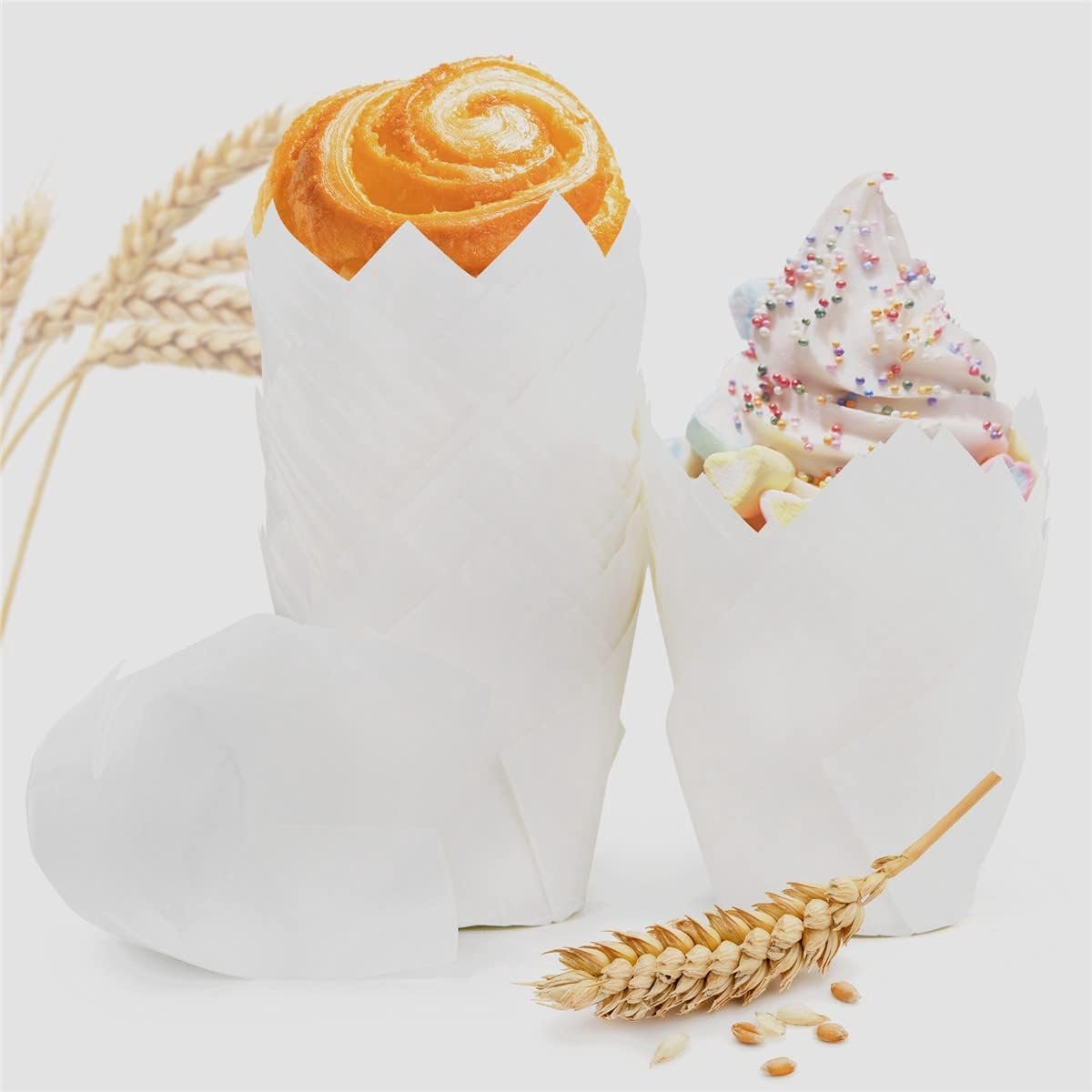 100 stuks papieren muffinvormpjes in tulpenvorm, cupcakevormen, tulp, wegwerpbakbekers voor bruiloften, verjaardag, Pasen, familiebijeenkomsten (wit)