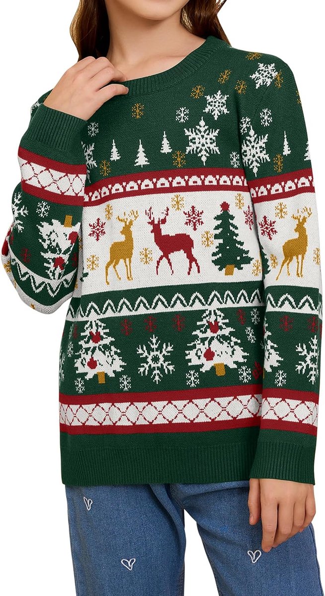 Kersttrui, voor dames, heren en kinderen, grappige kersttrui, lelijke kersttrui, met ronde hals, gebreid, met rendieren, uniseks, familieset