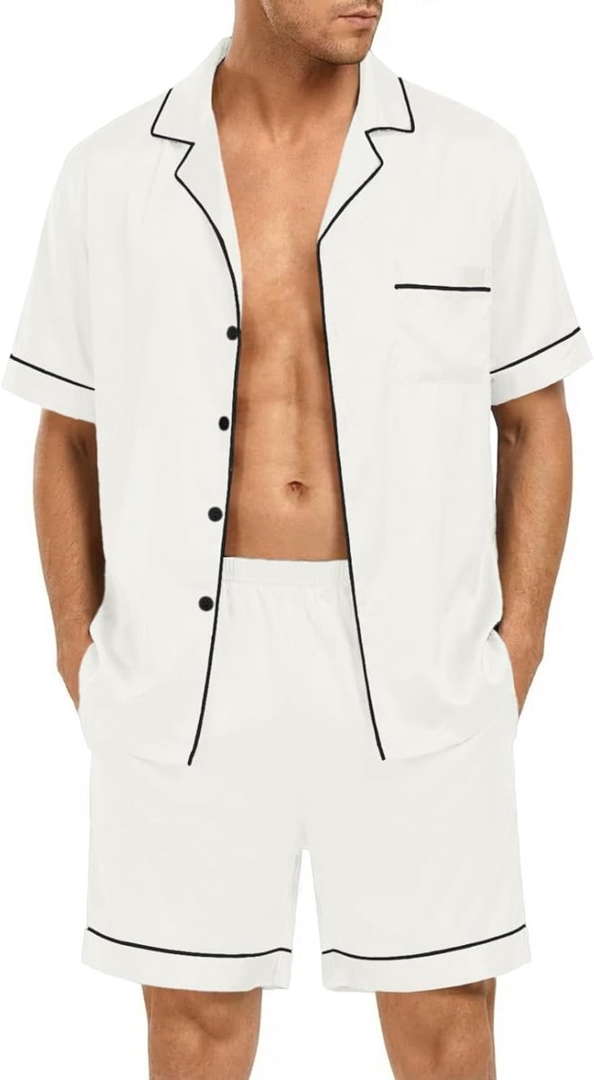 Pyjama heren kort satijn tweedelige pyjama set korte mouwen knoopsluiting overhemden en effen pyjamashort mannen zomer nachtkleding huispak