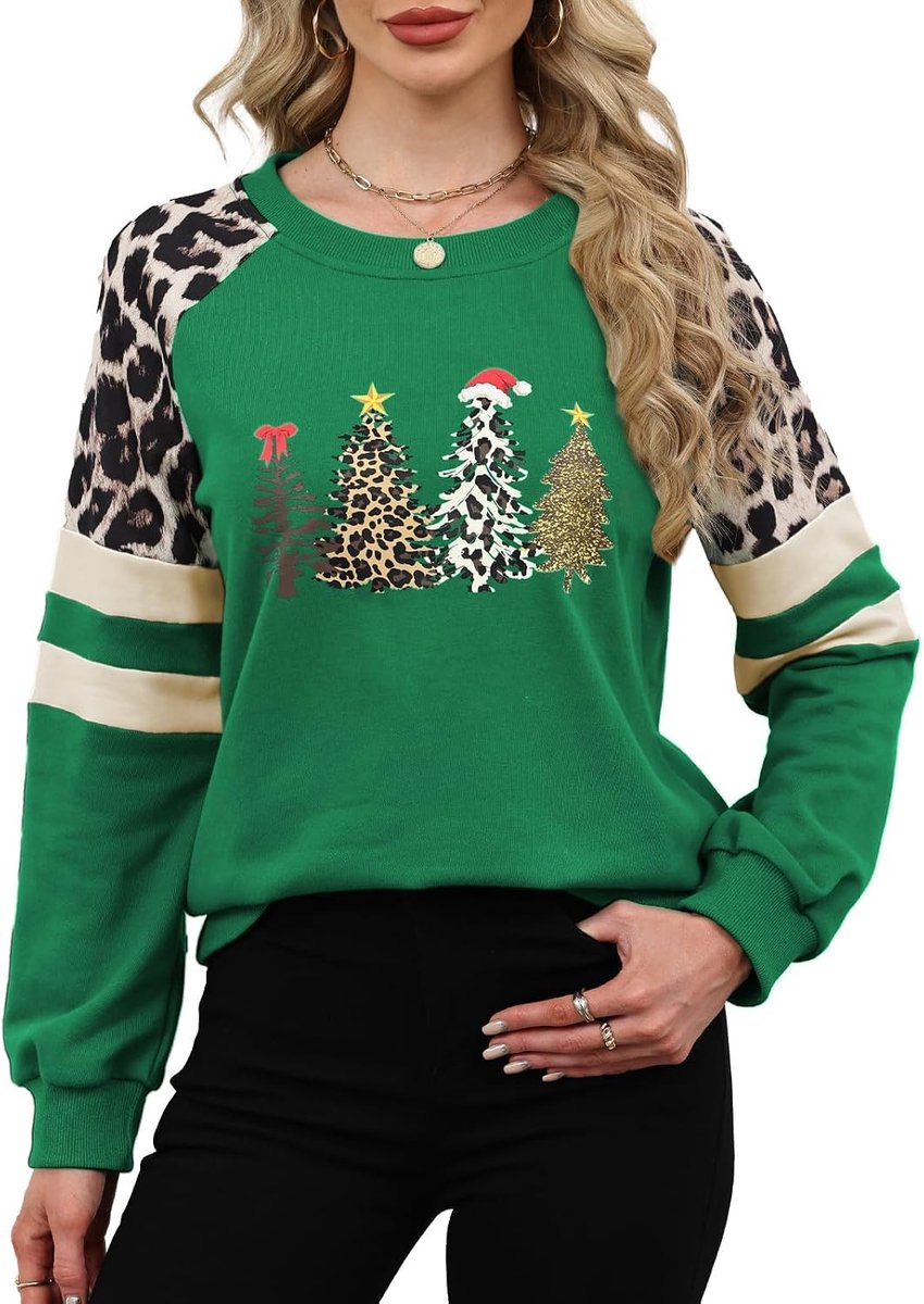 Sweatshirt Dames Katoenen Trui Casual Ronde Hals Tops Patchwork Contrast Luipaard Shirt Blouse voor Herfst Winter Lente