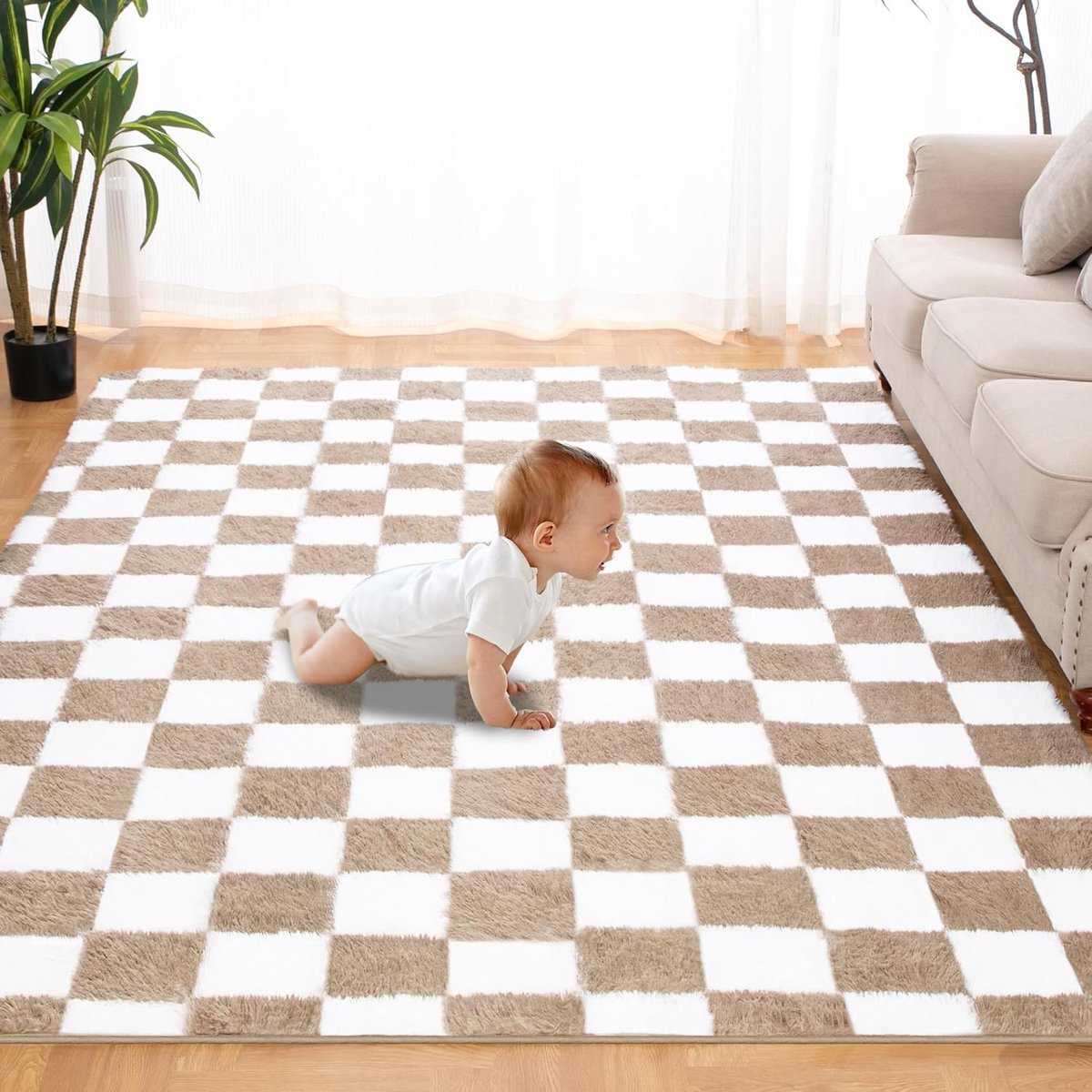 Pluizig Vloerkleed Hal de Woonkamer met Geruit 80x150CM, Beige&Wit
