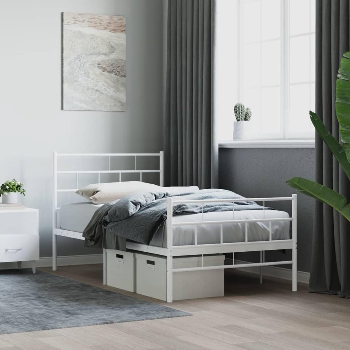 Bedframe met hoofd- en voeteneinde, metaal, wit, 100 x 190 cm, bedframe voor slaapkamer, hotel, bedframe voor woonkamer, slaapkamer