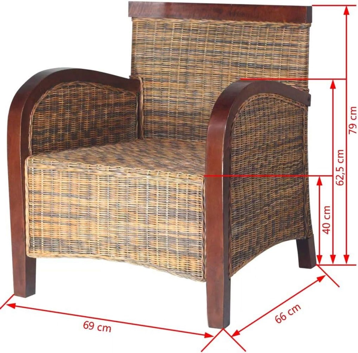 Stoel van natuurlijk rotan, handgevlochten en mangohout, tuinstoel van rotan, stoel voor buiten, van rotan, stoel voor lounge, rotan, 69 x 66 x 79 cm