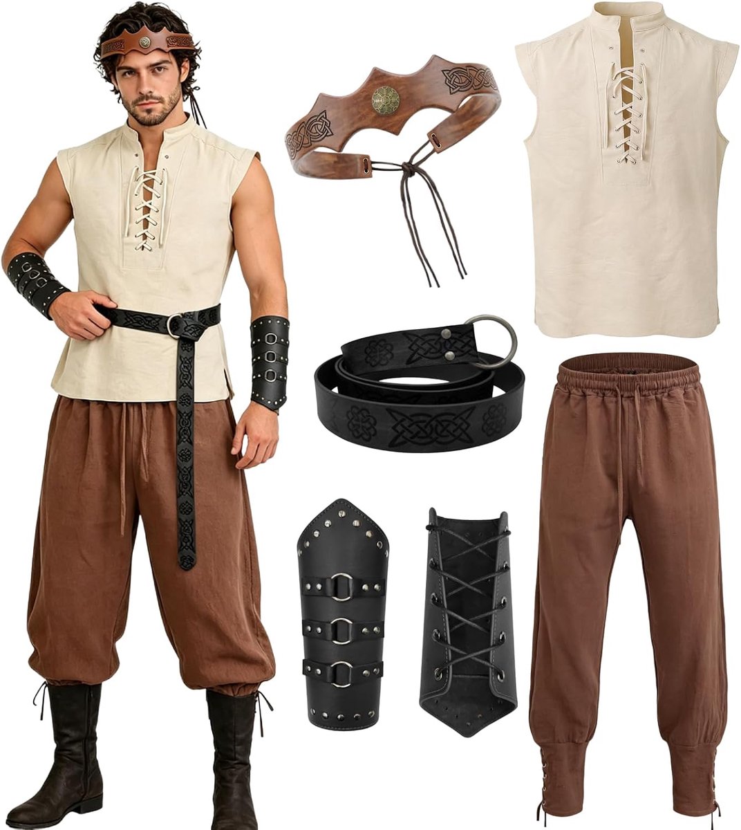 Kledingset voor heren, Vikingkostuum met overhemd, broek, hoofdband, armsteunen, riem voor middeleeuwse markt, renaissance, cosplay, Halloween, carnavalskostuum