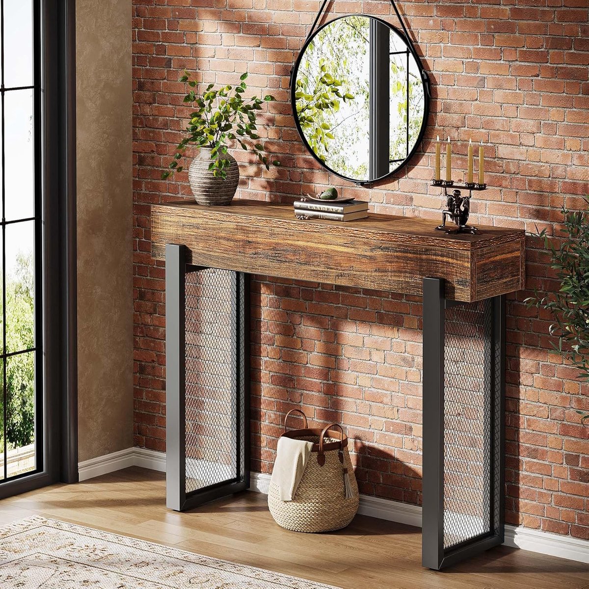 105 cm houten consoletafel met opslag, industriële kleine entreetafel met gaasmetalen poten, smalle sofatafel achter de bank voor de woonkamer, entree, foyer, gang, rustiek bruin & zwart