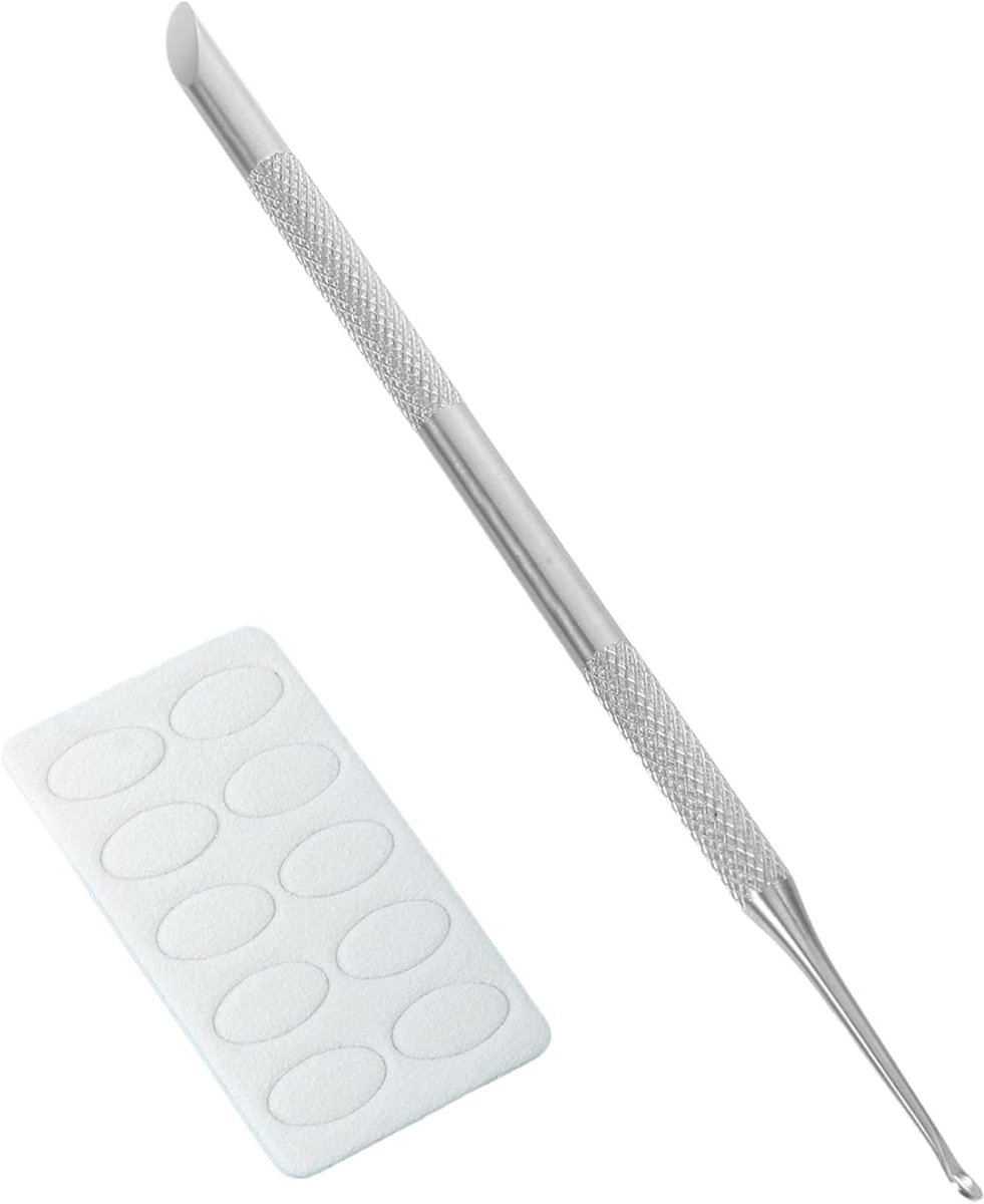 1 Stks 2-in-1 nagelriemduwer gereedschap, roestvrij staal nagelriemverwijderaar Dual Ended Nail Tool met lus & afgeschuinde kop en 5 vellen schuurpapier voor professionele manicure pedicure