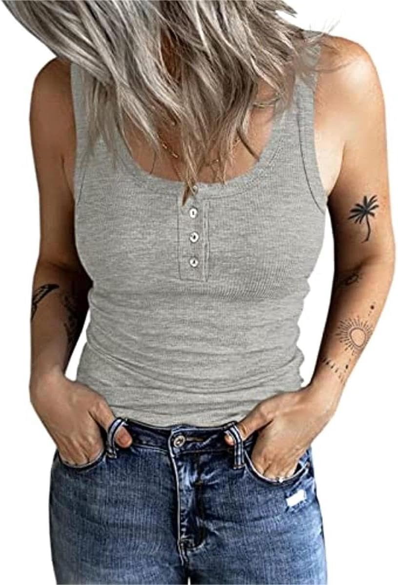 Damestop, slimfit, bovenstuk met knopen, geribbeld, mouwloos, tanktop, casual
