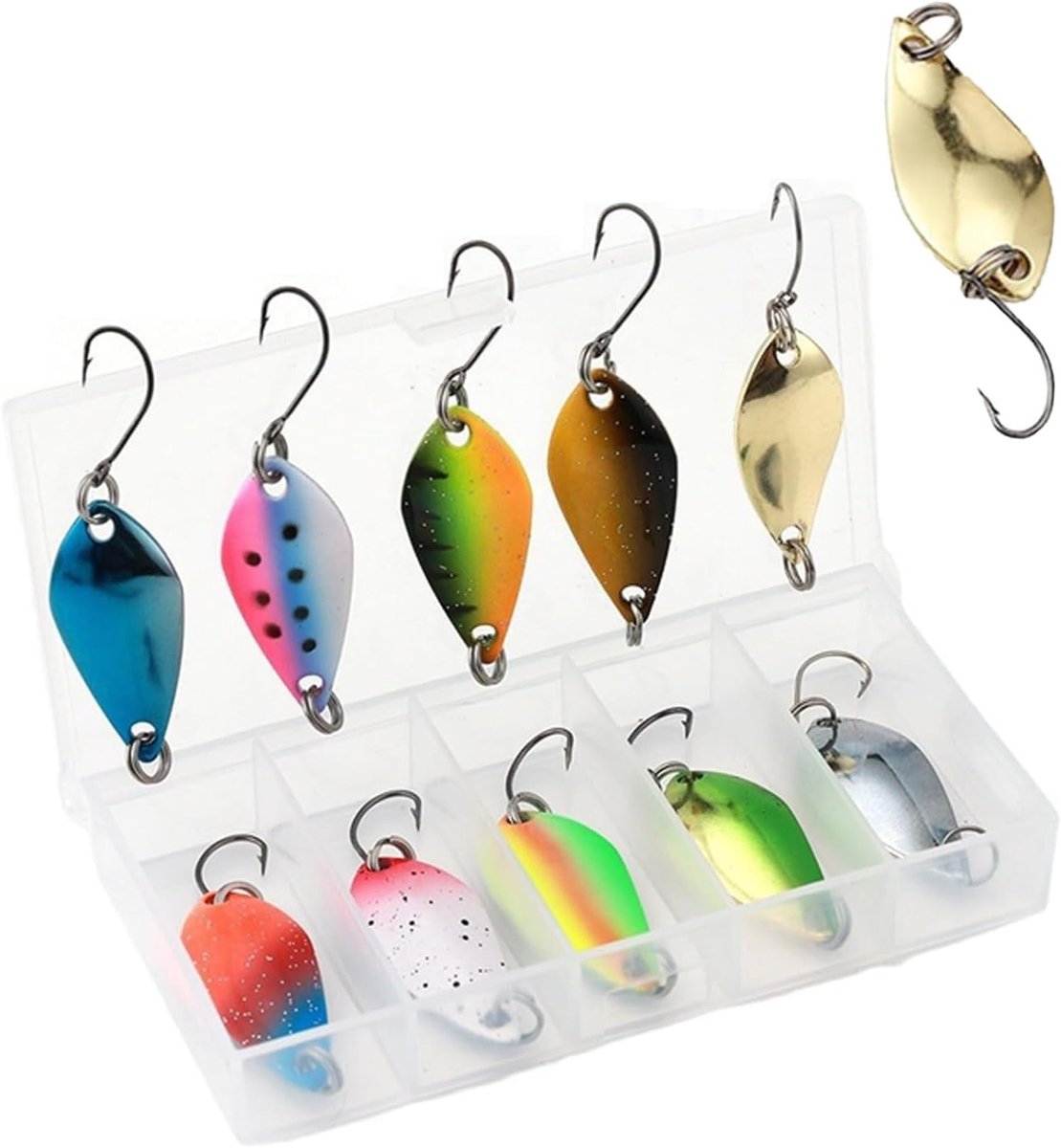 Set van 10 Lepels voor Forelvissen, Inclusief 3 Gewichten (2.5g/3.5g/5.5g), Perfect voor Forel en Baars, Vissen met Aasdoos en Enkele Haak, Ideaal voor Vistentochten