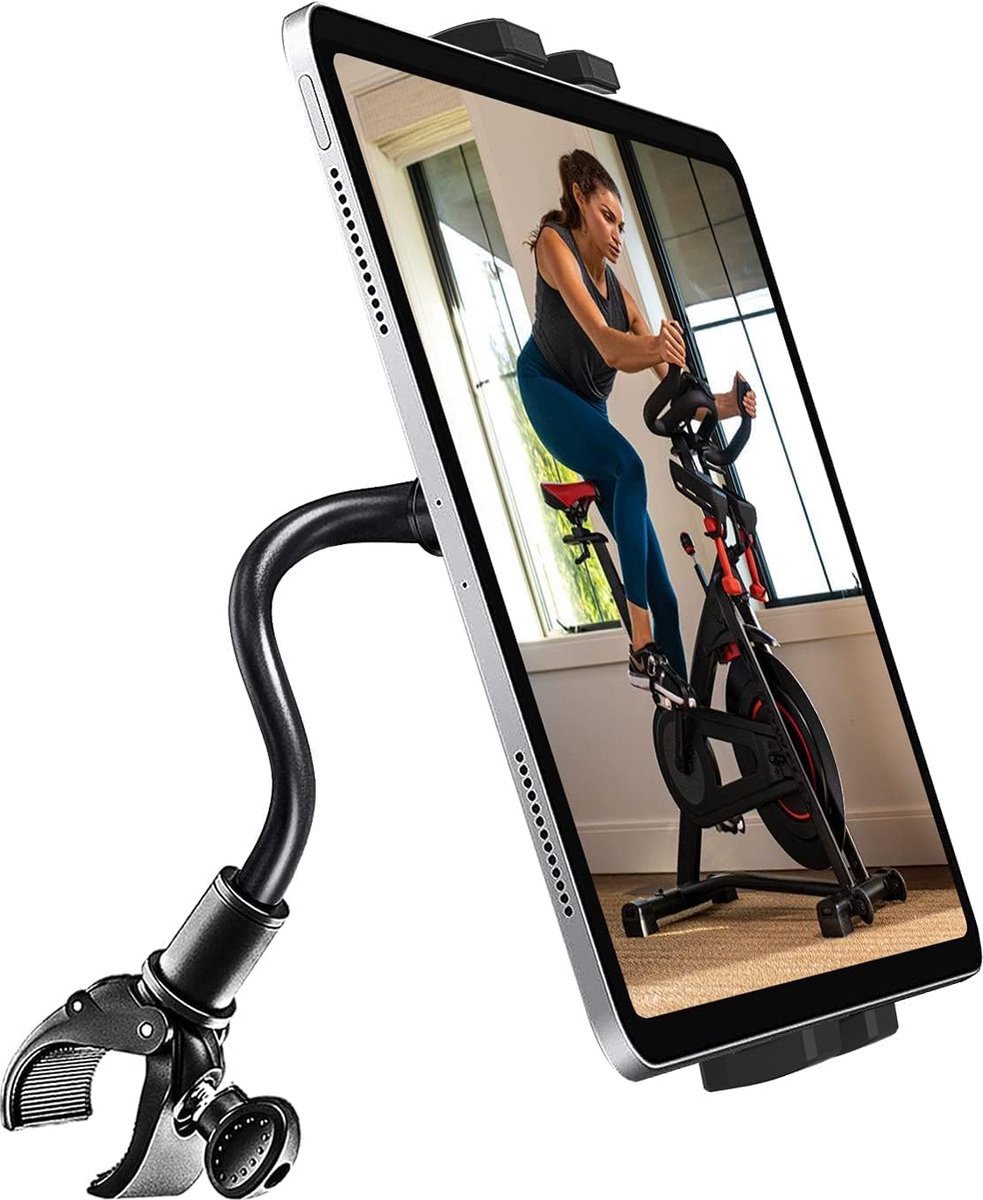 Hometrainer Tablet Houder, Zwanenhals Spinning Bike Tablet Holder Loopband Elliptische Fietstrainer Stuurbeugel voor iPad Pro Air Mini, iPhone, Galaxy Tab, Lenovo, Huawei, Gsm (4-12.9")