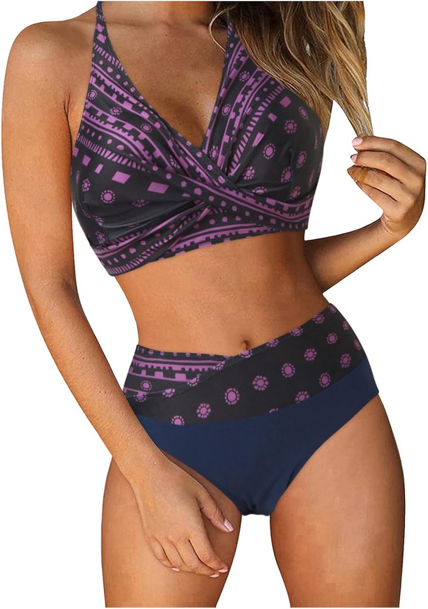 Bikini Dames Set V-hals Push Up Buikweg Tweedelig High Waist Sportief Gevoerd Triangel Vintage Sexy Strandmode Vakantie Pool Boho A143