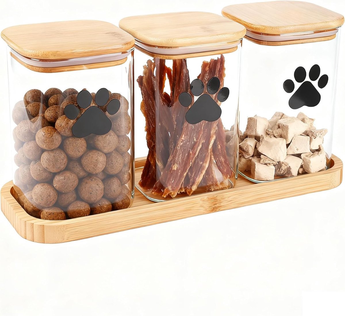 3 Glazen Voedselcontainers voor Honden en Katten met Tray, Luchtdichte Opslag voor Dierenvoer en Snacks