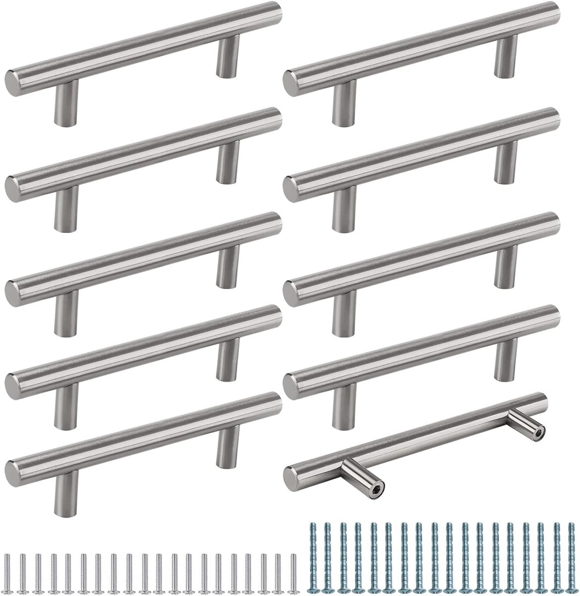 10 stuks meubelgrepen, gatafstand 128 mm, kastgrepen, zilveren deurgrepen, keukenkastgrepen, roestvrij staal, keukengrepen, geborstelde ladegrepen, T-stanggreep