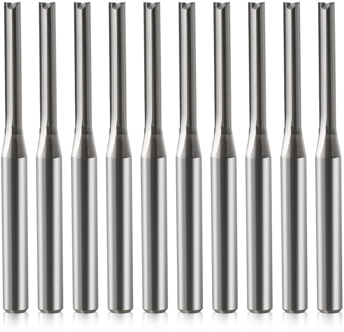 10 stuks frezen voor bovenfrees, 2 fluiten, rechte frezen, 3,175 mm, 1/8 inch schacht, 2 mm snijdiameter, 15 mm snijlengte, 38 mm totale lengte, CNC-frees voor hout, MDF, acryl, pvc