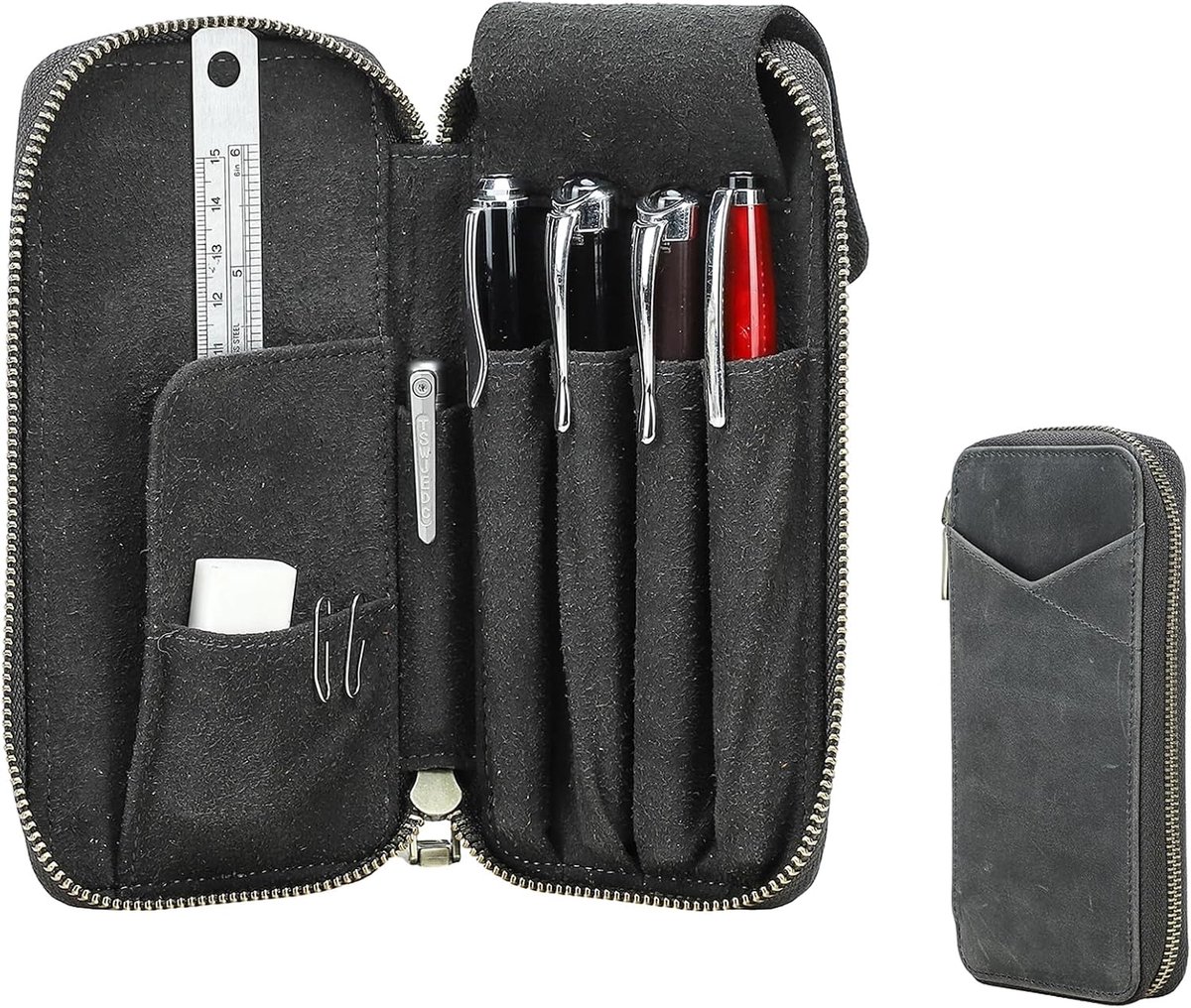 Pennenetui van echt leer, handgemaakt, vintage pennenhouder, beschermhoes voor pennen voor reizen, elegant bureauaccessoire, potloodorganizer-box, grijs-4