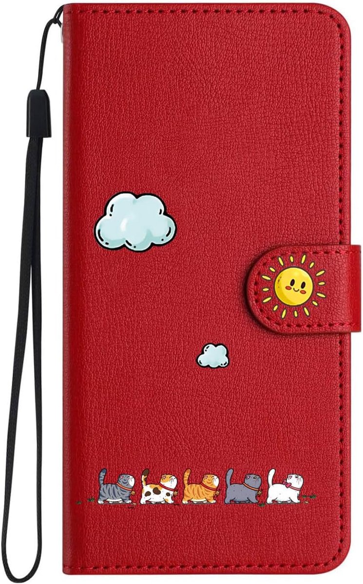 Tas voor iPhone 16 Pro, opvouwbaar, kat/zon telefoonhoes, PU-leer opvouwbare tas, flip case schokbestendig magnetisch [standfunctie] [multi-slot kaartsleuf] beschermhoes, rood