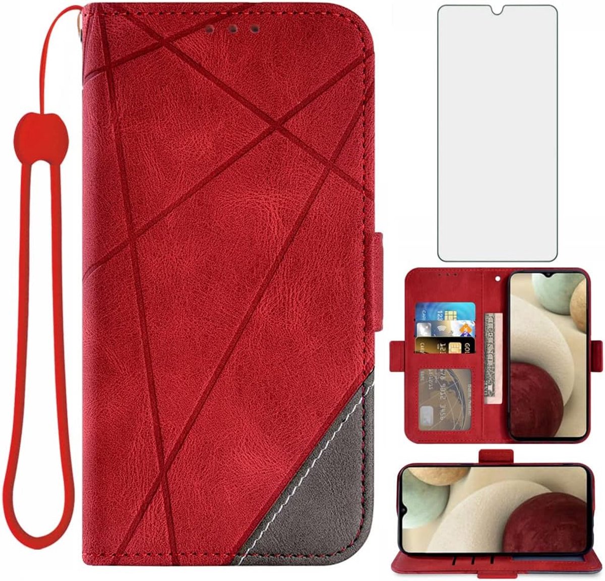 Hoes voor Samsung Galaxy A12/M12 met Gehard Glas Screen Protector, with Card Holder Stand Leather Wallet Flip Hoesje A 12 Nacho 4G 5G Telefoonhoesje Phone Cover Case Rood