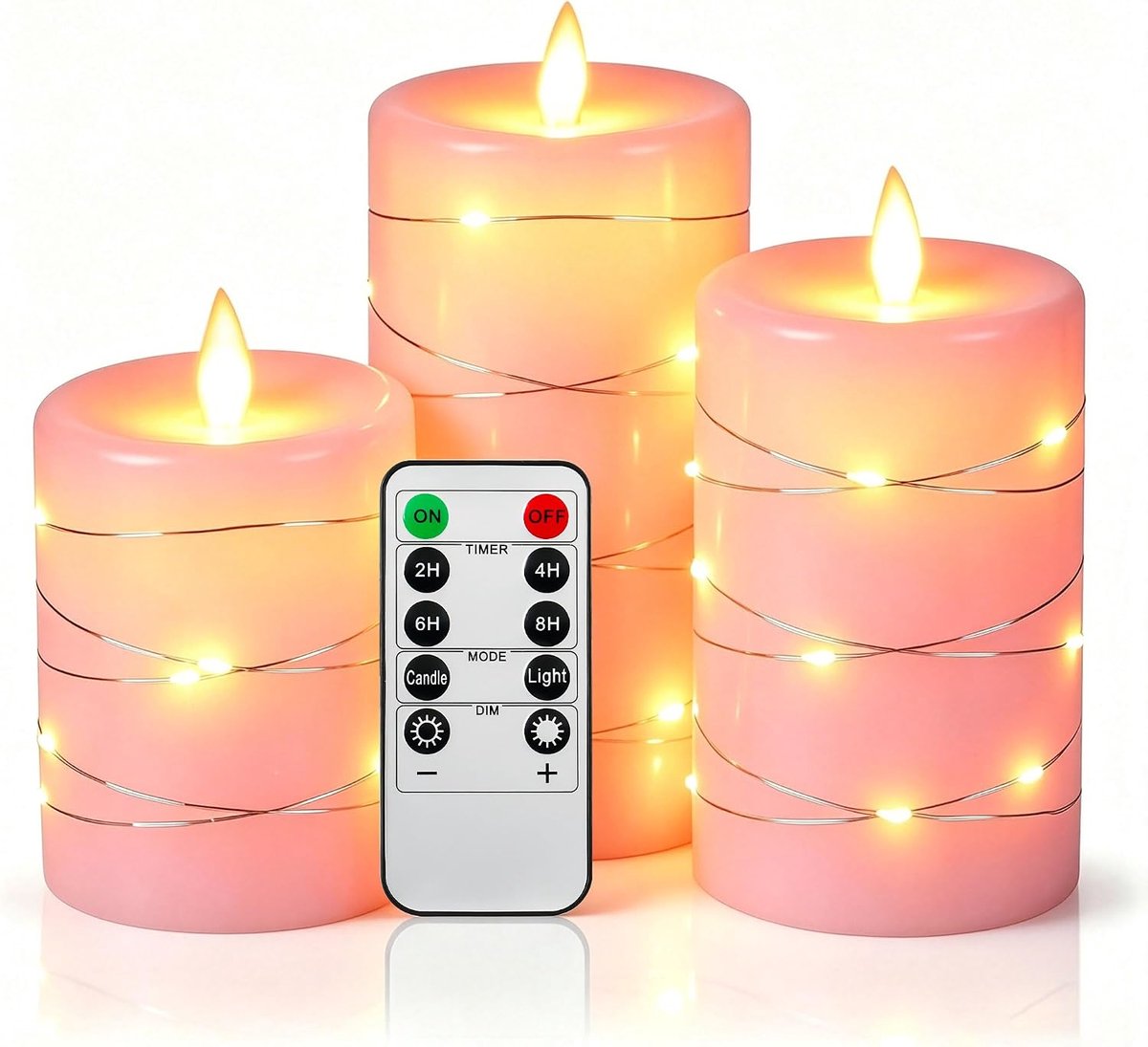 by Led-kaarsen, 360 graden kijkhoek, met sterrenlichtketting, set van 3 lichtkettingen, led-kaarsen, met afstandsbediening met 10 toetsen, 24-uurs timerfunctie, dansende vlam, echte was (roze).