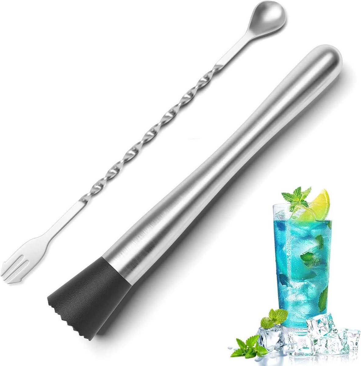 Set van 2 cocktail-roerlepels, cocktailstampers, roestvrij stalen cocktailroerlepel, kan worden gebruikt voor het mixen van cocktails en dranksappen, 25 cm