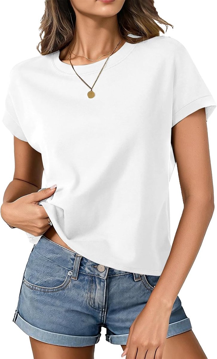 T-shirt dames crop tops korte mouwen katoen casual basic shirt zomer vleugelmouwen ronde hals top dames los