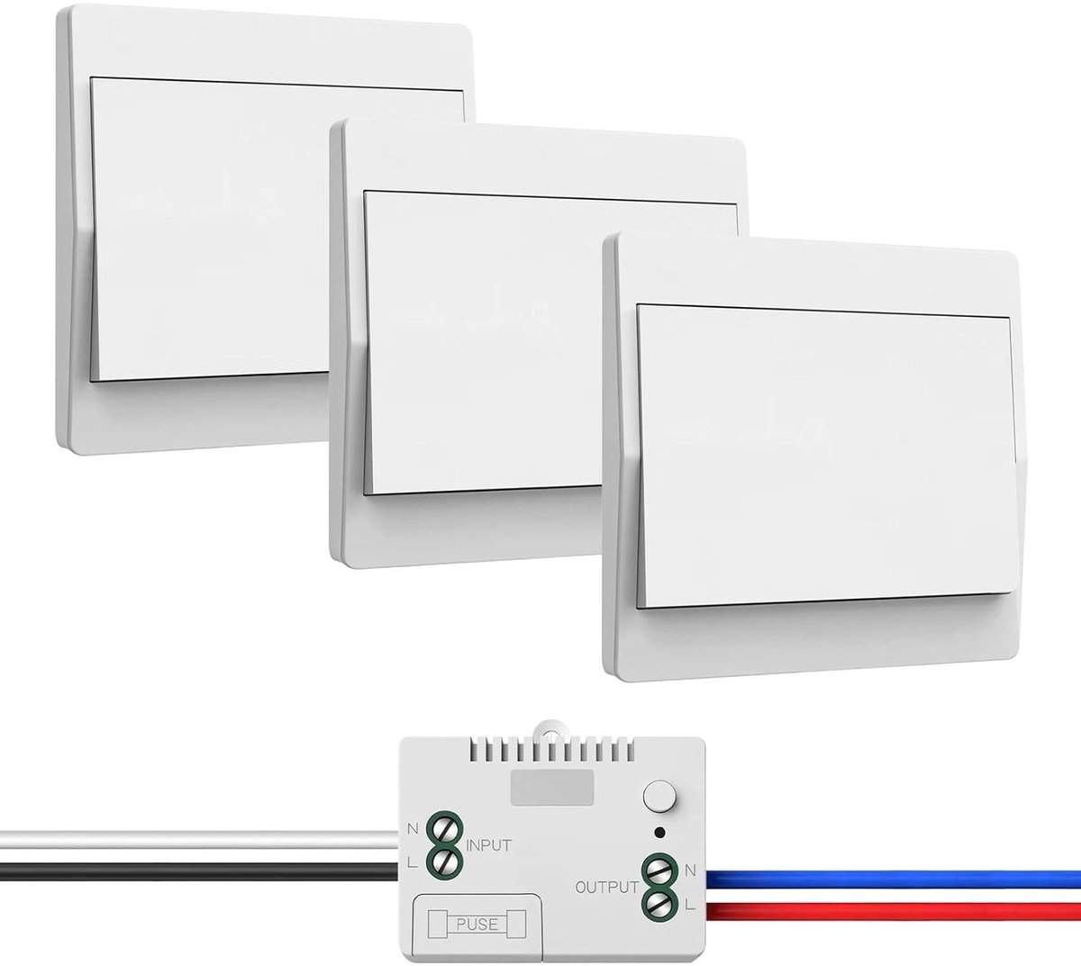 Lichtschakelaar, 230 V set, draadloze schakelaar, geen batterijen nodig, waterdichte wandschakelaar, bedien je lamp tot 200 m afstand (1 ontvanger en 3 schakelpanelen)