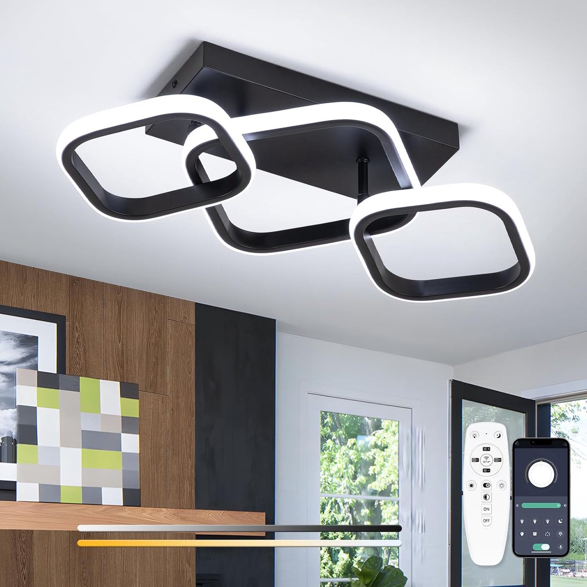 Led-plafondlamp, 52 cm, zwart, led, dimbaar, met afstandsbediening, 3-vierkant, zwart, plafondlamp voor eetkamer, slaapkamer, kantoor, keuken, woonkamer, licht, 30 W