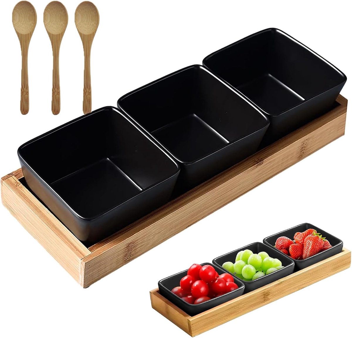 7-delige set zwarte dipschalen met houten lepel, serveerschalen, snackborden, dipschalenset, porseleinen sauskommen met bamboe serveerplaat, vierkant, dipschalen set (zwart-1)