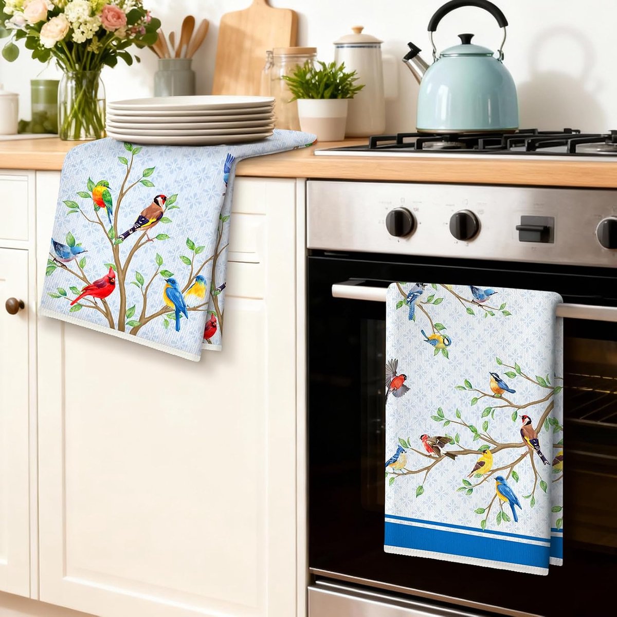 Branch keukenhanddoeken zachte dikke katoenmix blauwe handdoeken, 42 x 70 cm absorberend vaatdoek voor keuken woondecoratie, housewarming, verjaardagscadeaus voor vrouwen, set van 4