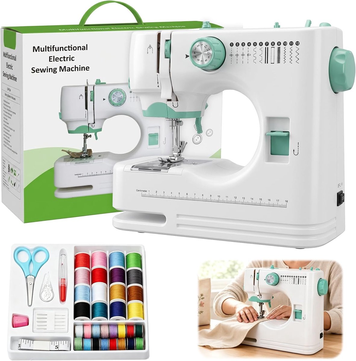 Elektrische naaimachine voor beginners en thuisgebruik, compacte mini-naaimachine, klein voor doe-het-zelf, multifunctionele naaimachine voor kinderen jaar, handnaaimachine met 12