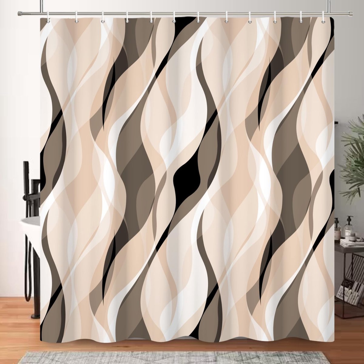 Douchegordijn, 90 x 180 cm, modern, abstract, crème, beige, zwart en wit, onregelmatig, golven, strepen, waterdicht, badgordijn, polyester, textiel, wasbaar, met 6 haken