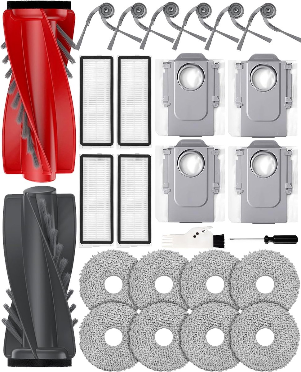 26 stuks Qrevo Curv accessoires voor Roborock Qrevo S5V/Qrevo Curv/Qrevo Edge S5A/Qrevo Curv S5X/Qrevo Edge, Qrevo S5V. Reserveonderdelen: 2 hoofdborstels, 6 zijborstels, 8 wispads, 4 HEPA-filters, 4
