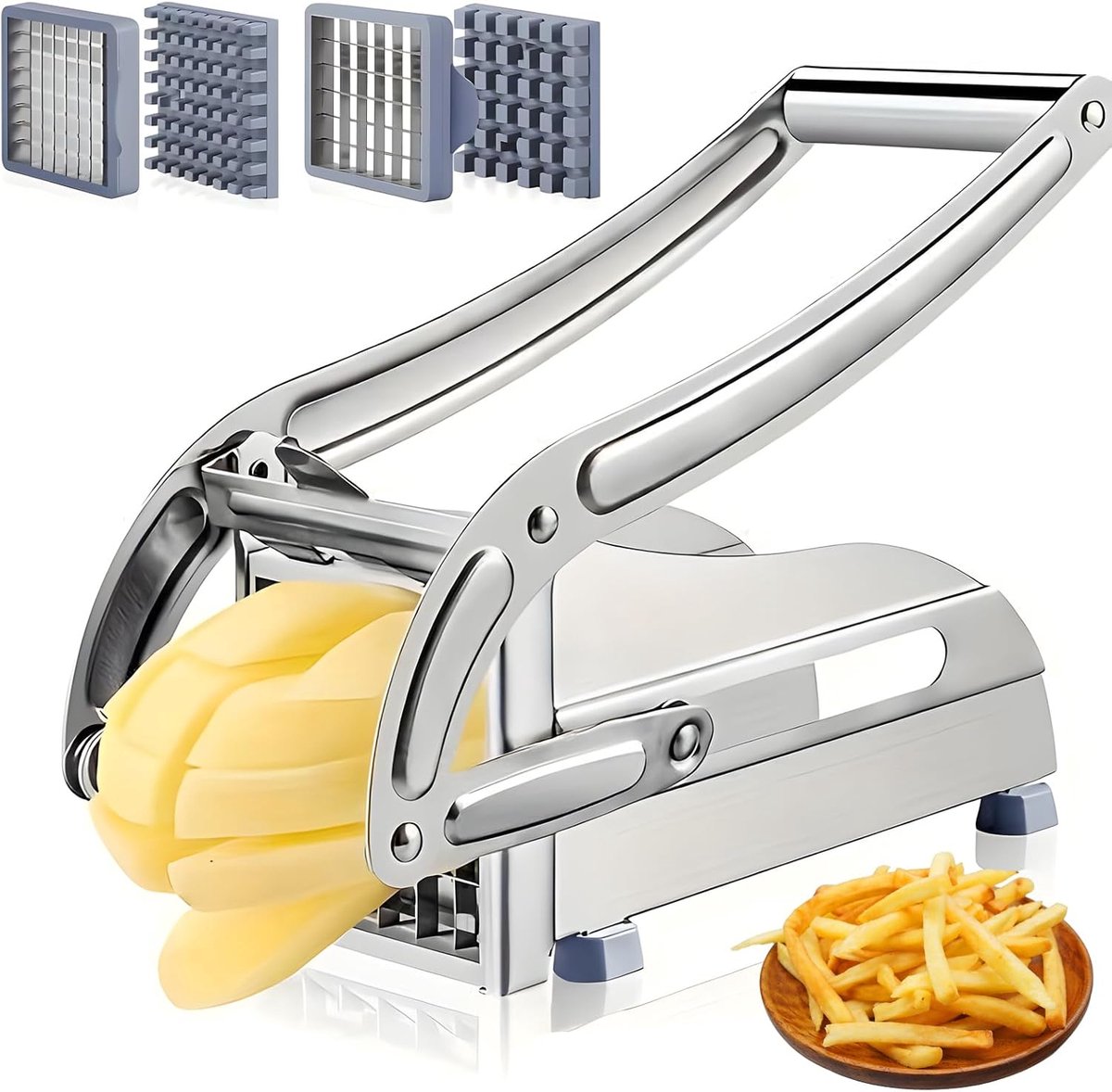 Frietsnijder, frietsnijder, roestvrij staal, aardappelsnijder, schijven, met 2 mesmaten (36/64 raster) en antislip basis, frietpers voor perfecte friet, robuuste groentesnijder