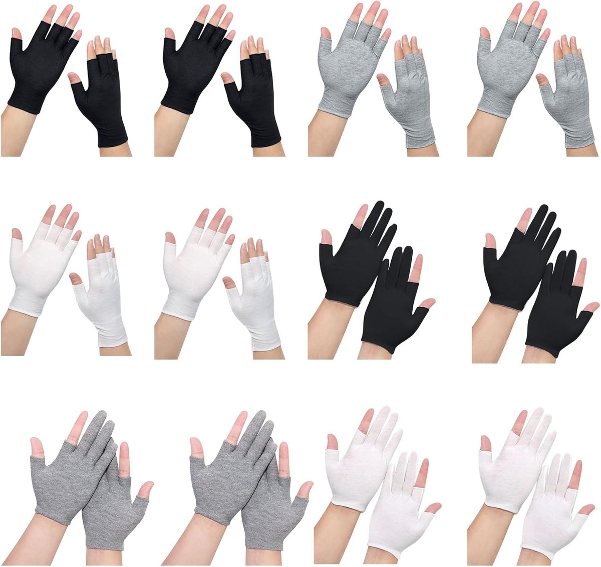 12 paar katoenen handschoenen zonder vingers, 2 verschillende modellen, touchscreen vochtinbrengend slaap neurodermitis UV-bescherming, droog, wit grijs zwart katoenen handschoenen