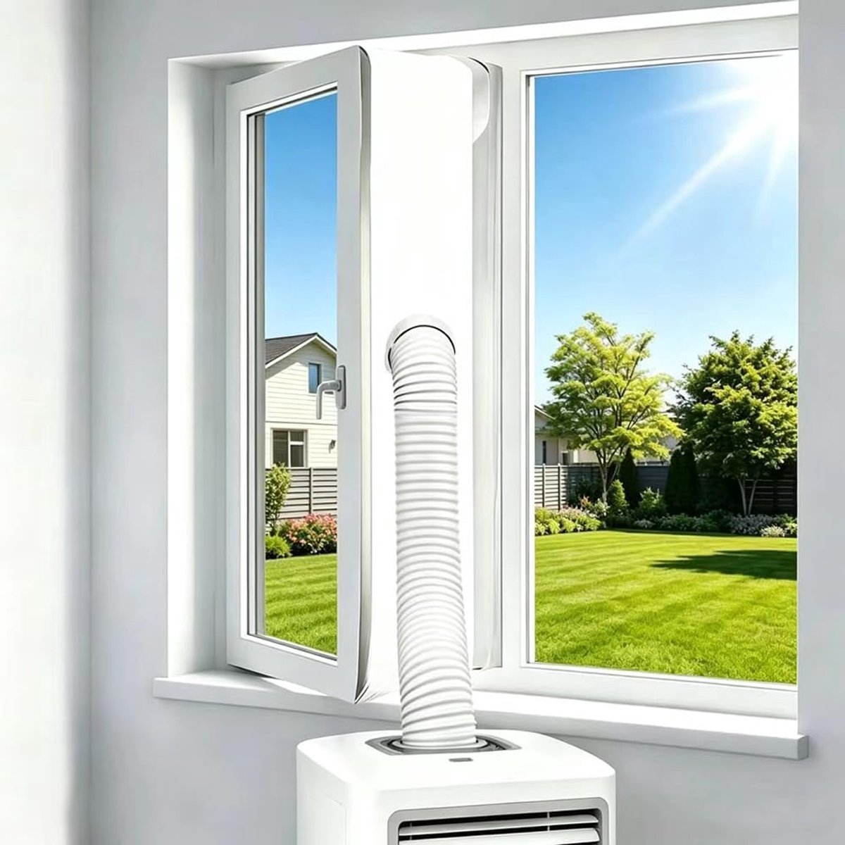 Raamafdichting voor mobiele airconditioners, afdichting voor ramen, 300 cm, met klittenband, Hot Air Stop voor bevestiging aan ramen, raamafdichting, afvoerslang, airconditioning zonder boren