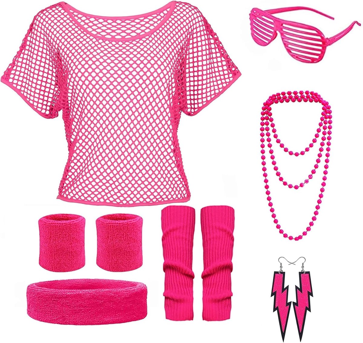 80s 90s-stijl outfit dames set, mesh top accessoire, met hoofdband, beenwarmers, armbanden, bril, ketting en oorbellen, neon feestoutfit kostuum, voor themafeest, carnaval, Fasching