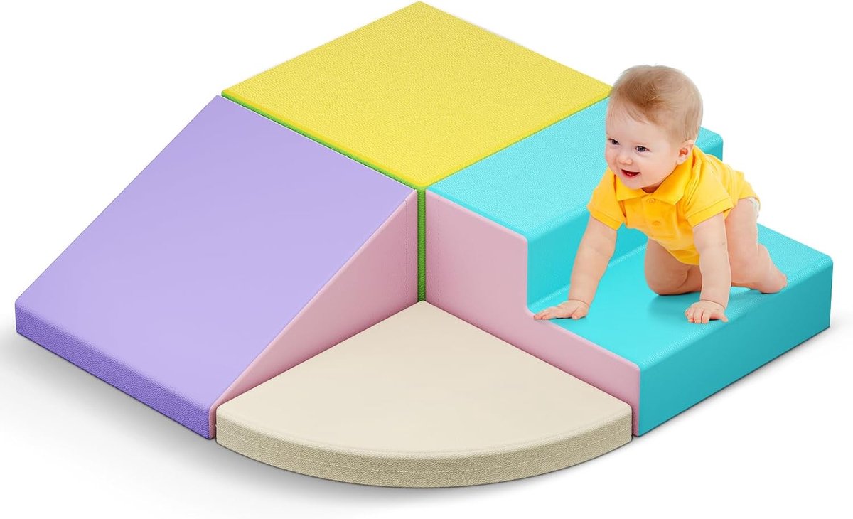 XXL softplayset voor peuters van 1 tot 3 jaar, baby-klimtoren met glijbaan, grote bouwstenen voor indoorplezier (Macaron-4)