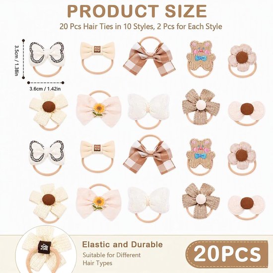 20 schattige haarelastiekjes voor meisjes, elastische haarbanden met strik en bloemen, haaraccessoires voor peuters en baby's — afbeelding 5