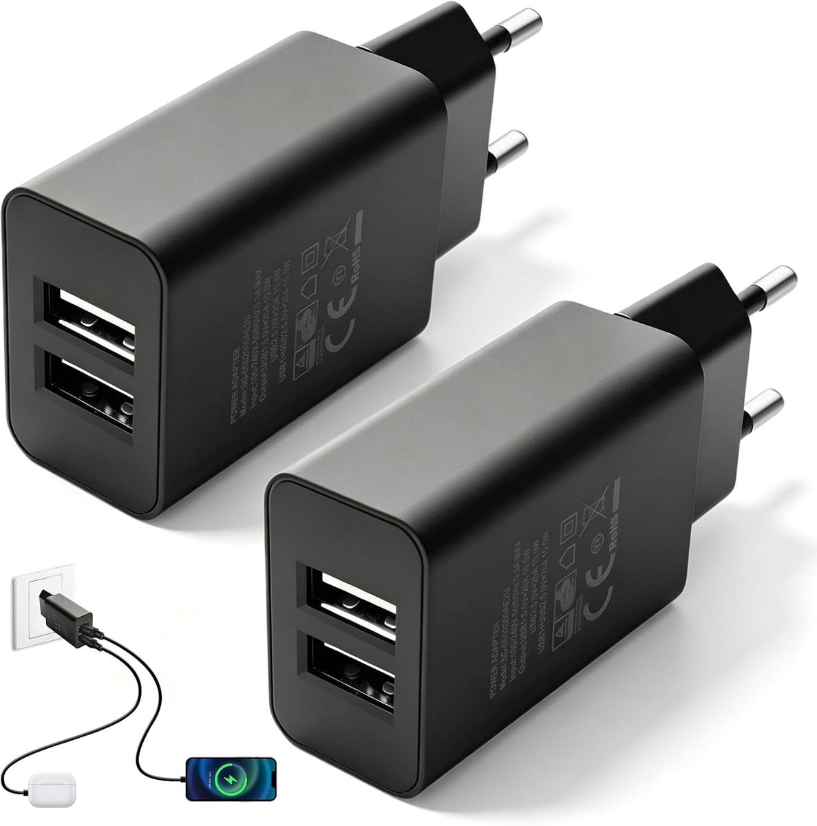 USB-wandlader, 2 stuks, 2 poorten, 5 V, 2 A, 10 W