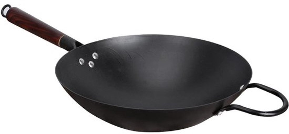 Gietijzeren Wokpan - Chinese Wok Roerbakpan - Gezond Koken - Handgehamerd Ontwerp - 32 cm - Zwart